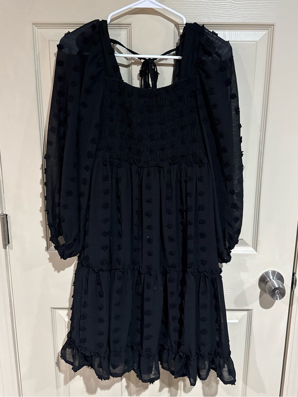 White birch Black Swiss Dot Smocked Mini Dress with Puff Sleeves Ruffle